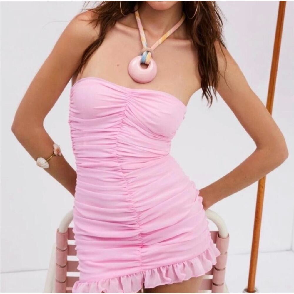 NEW- NWT For Love & Lemons Bailey Mini Dress Pink Ruched Strapless Size M